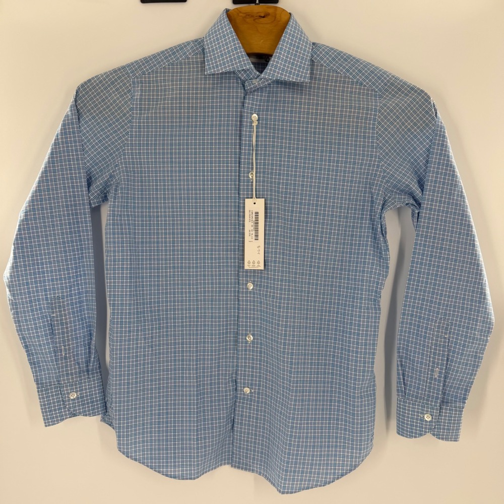 Guglielminotti Mens Blue White Micro Check Cotton Dress Shirt Size 40 Regular